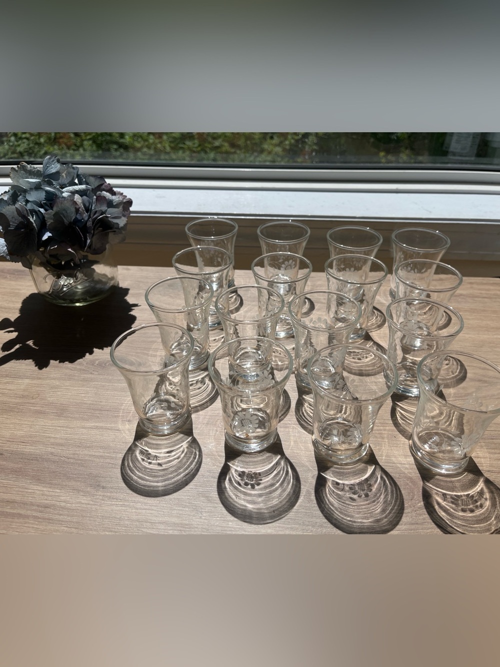 Clear Glass Flower Etched  set of 16 Drinking Glass Vintage .